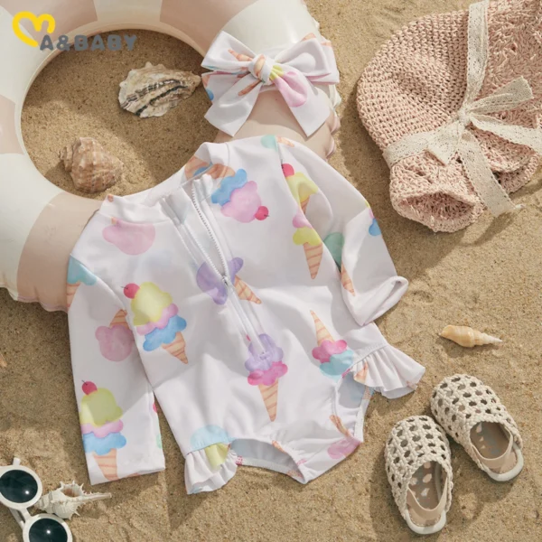 Toddler Baby Girls Swimwear 0-24M Newborn Infant Shell Long Sleeve Swimsuit Ice Cream Print Zip Up Bathing Suit