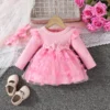 Butterfly Long Sleeve Dress with Headband Cute Dress Netting Butterfly Long Sleeves 0-3 Years Old Girl Ruffled Sleeves Bow Tie Ribbed Fabric Overall Dress + Headband