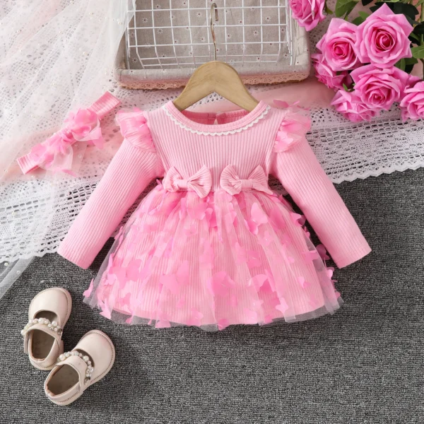 Butterfly Long Sleeve Dress with Headband Cute Dress Netting Butterfly Long Sleeves 0-3 Years Old Girl Ruffled Sleeves Bow Tie Ribbed Fabric Overall Dress + Headband